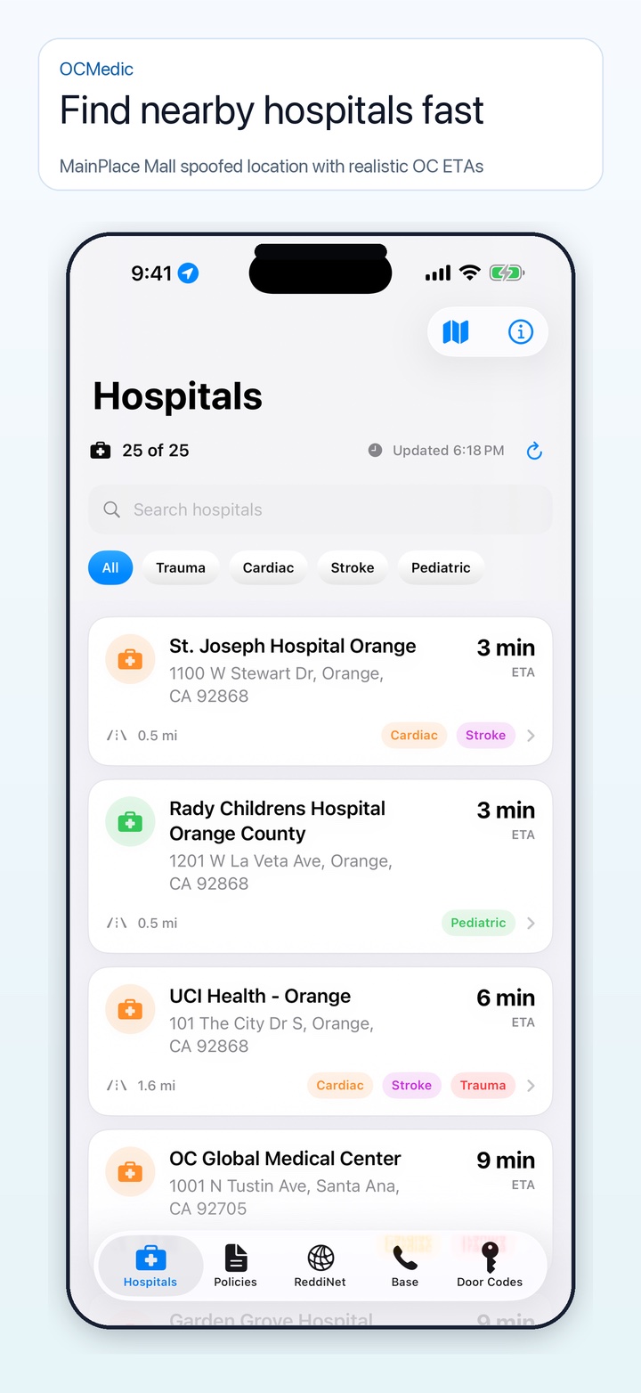 OCMedic app preview showing nearby hospitals and specialty destination filters.