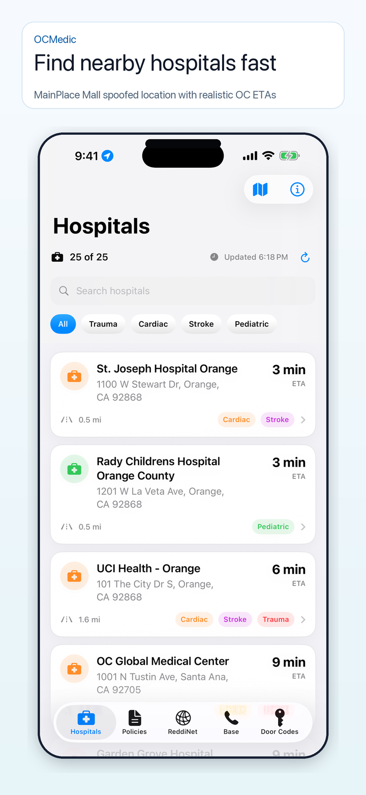 OCMedic app preview showing nearby hospitals and specialty destination filters.